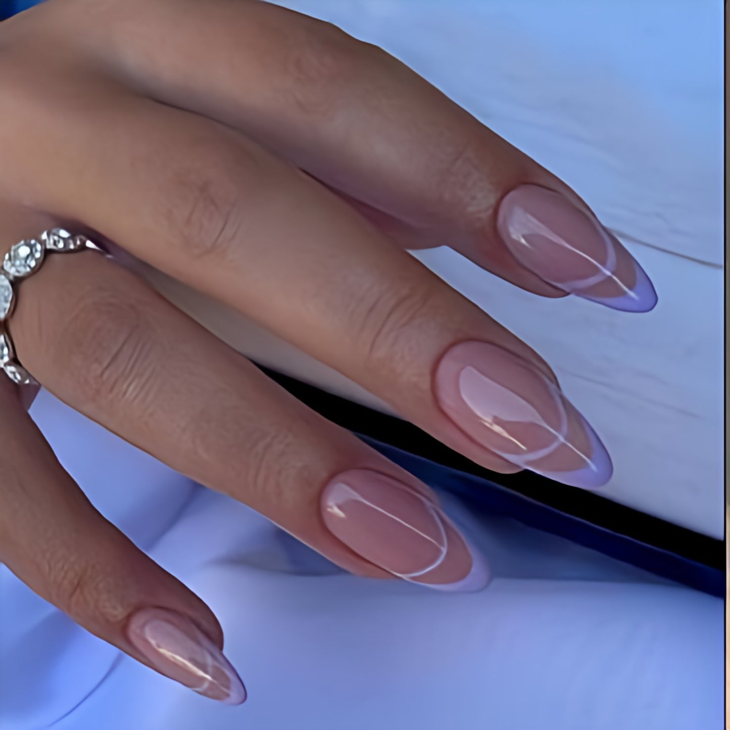 Glossy Nude French Artificial Press on Fake Nails Set in Almond- RTS (Pack of 24 nails)