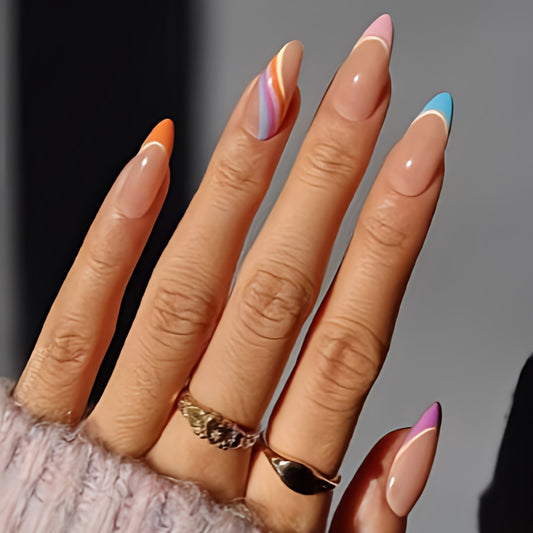 Glossy Colorful French Swirls Artificial Press on Fake Nails Set in Almond- RTS (Pack of 24 nails)