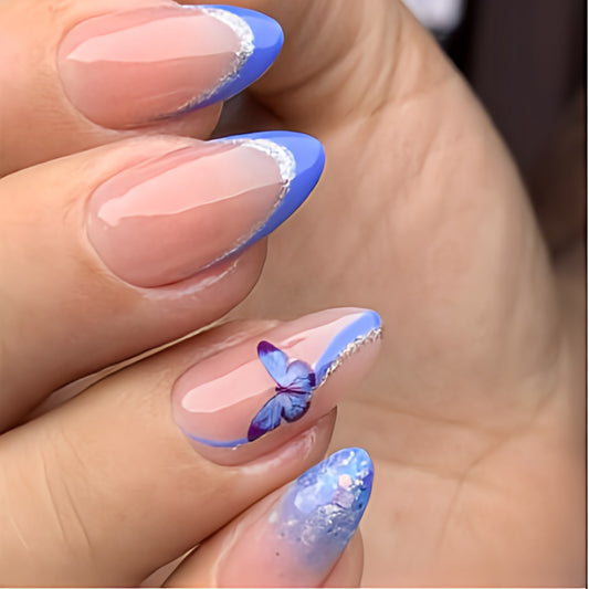 Glossy Blue French Artificial Press on Fake Nails Set in Almond- RTS (Pack of 24 nails)