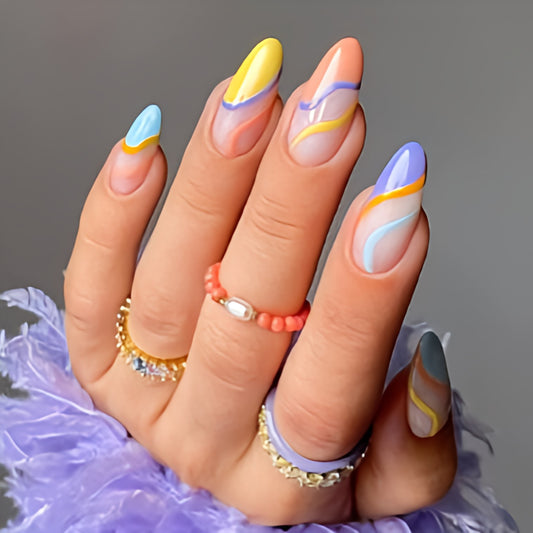 Glossy Colorful Swirls Artificial Press on Fake Nails Set in Almond- RTS (Pack of 24 nails)