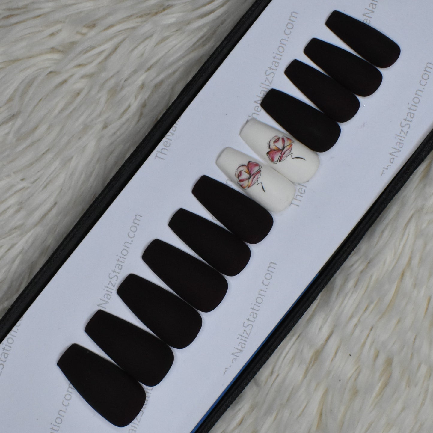 The NailzStation Glossy Black Floral Press on Fake Artificial Nails Set with glue, filer, sticker application kit // 1388