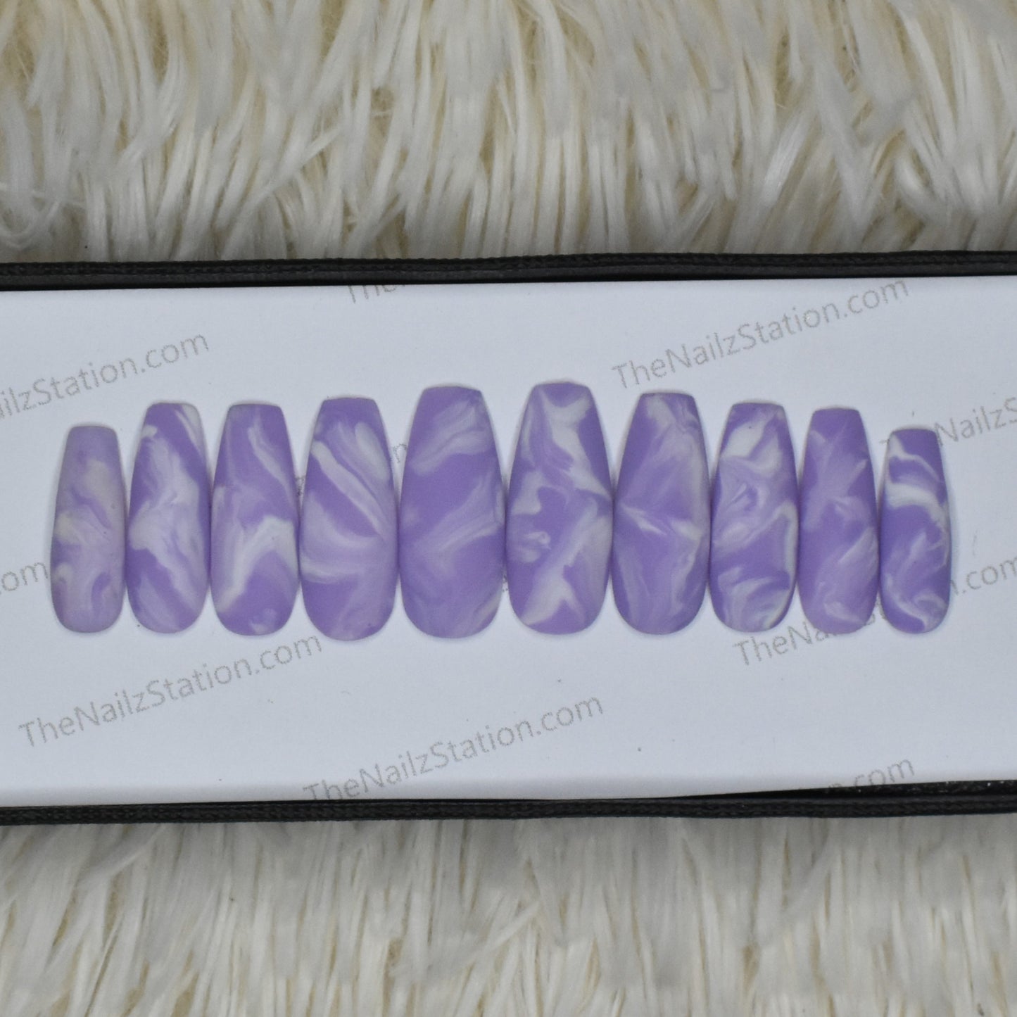 The NailzStation Glossy Purple Marble Press on Fake Artificial Nails Set with glue, filer, sticker application kit // 1379