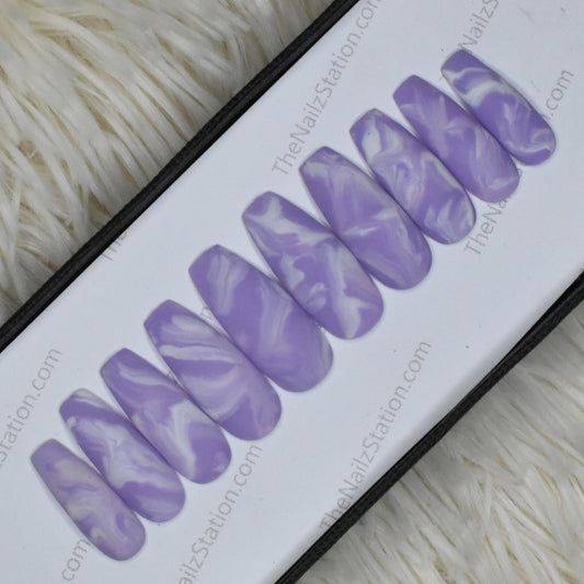 The NailzStation Glossy Purple Marble Press on Fake Artificial Nails Set with glue, filer, sticker application kit // 1379