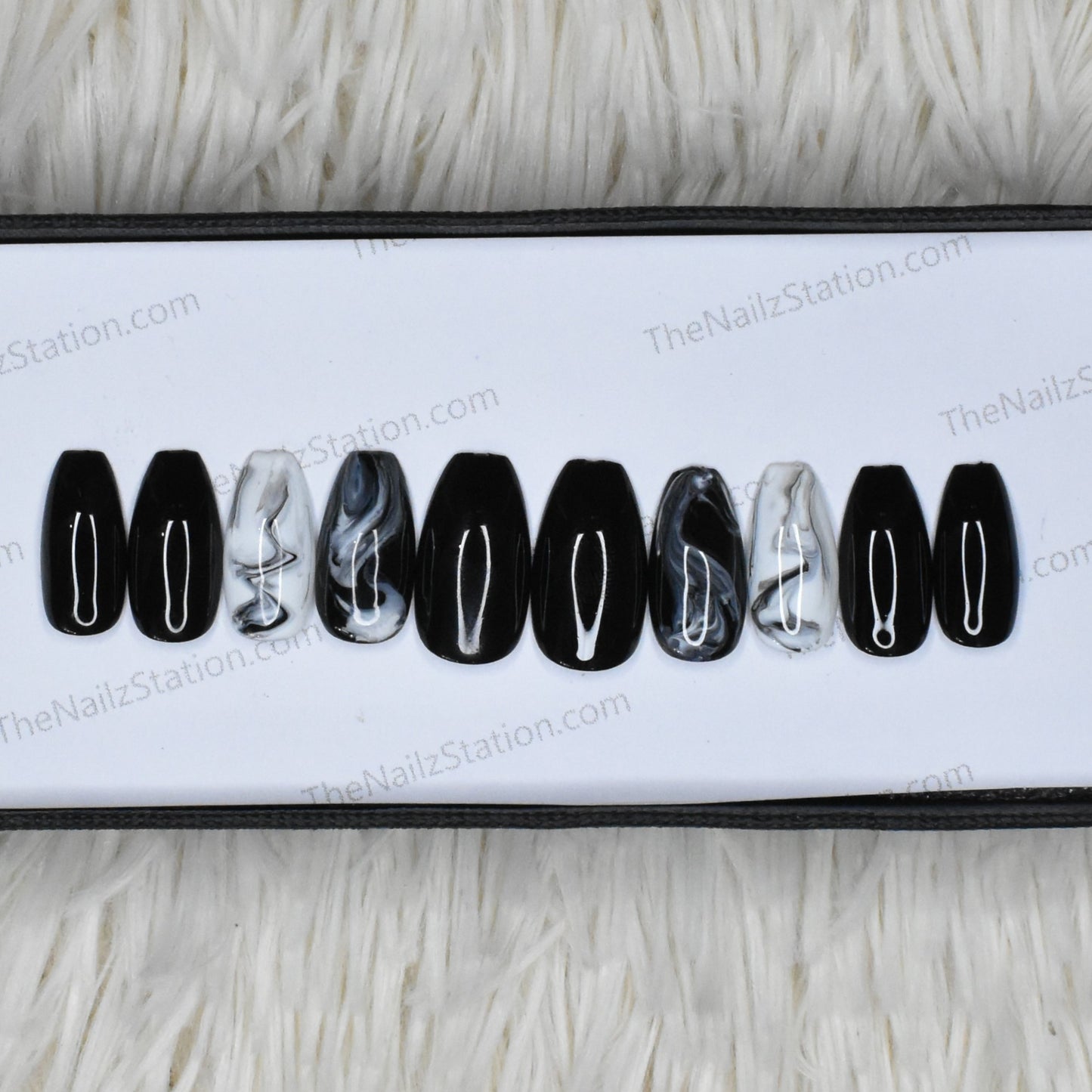 The NailzStation Glossy Black Marble Press on Fake Artificial Nails Set with glue, filer, sticker application kit // 1381