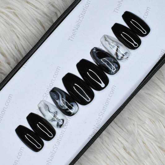 The NailzStation Glossy Black Marble Press on Fake Artificial Nails Set with glue, filer, sticker application kit // 1381