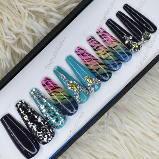 The NailzStation Glossy Blue Studded Press on Fake Artificial Nails Set with glue, filer, sticker application kit // 1387