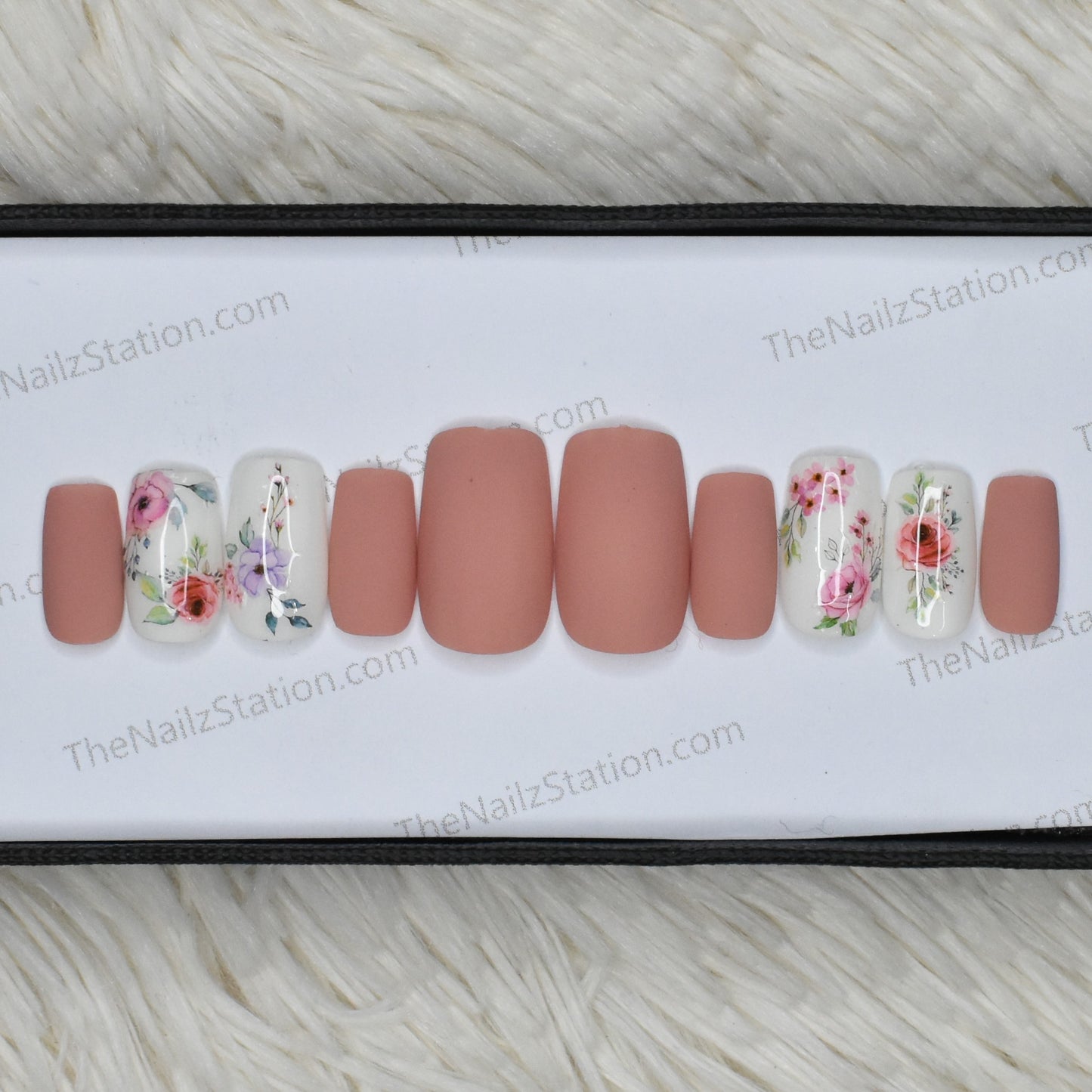 The NailzStation Matte Peach Floral Press on Fake Artificial Nails Set with glue, filer, sticker application kit // 1373