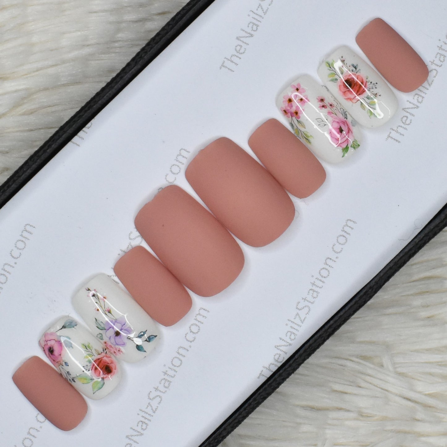 The NailzStation Matte Peach Floral Press on Fake Artificial Nails Set with glue, filer, sticker application kit // 1373