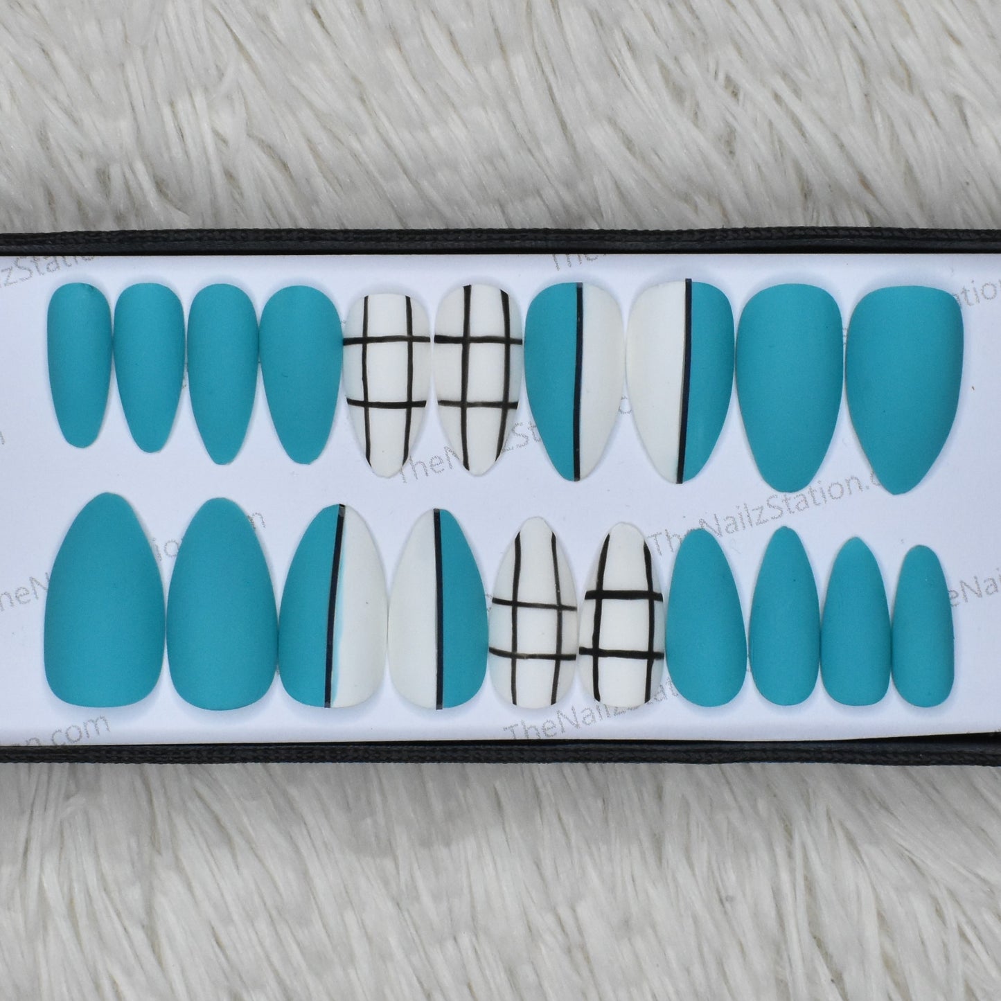 The NailzStation Glossy Light Blue Geometric Press on Fake Artificial Nails Set with glue, filer, sticker application kit // 1323