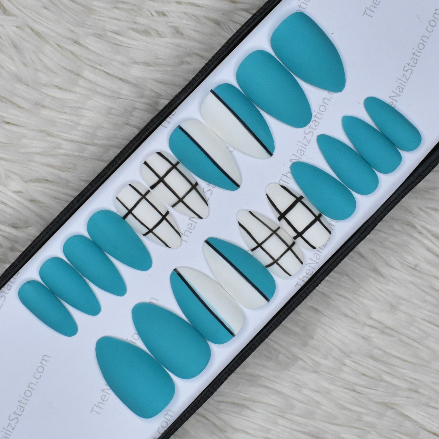 The NailzStation Glossy Light Blue Geometric Press on Fake Artificial Nails Set with glue, filer, sticker application kit // 1323