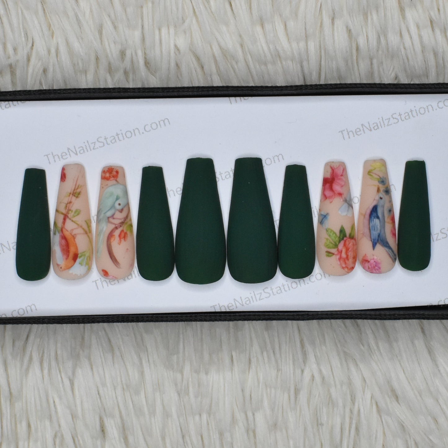 The NailzStation Matte Green Floral Press on Fake Artificial Nails Set with glue, filer, sticker application kit // 1375