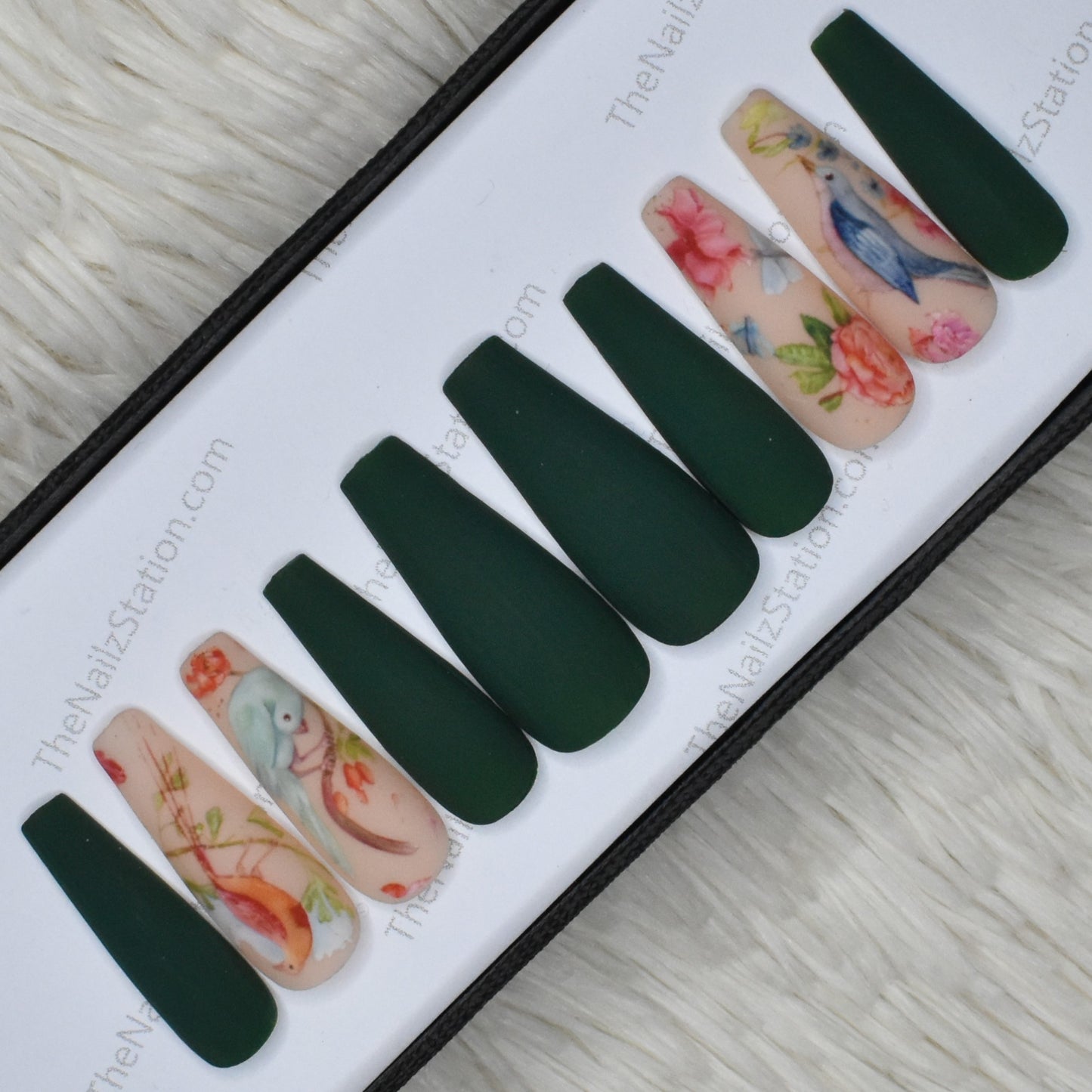 The NailzStation Matte Green Floral Press on Fake Artificial Nails Set with glue, filer, sticker application kit // 1375