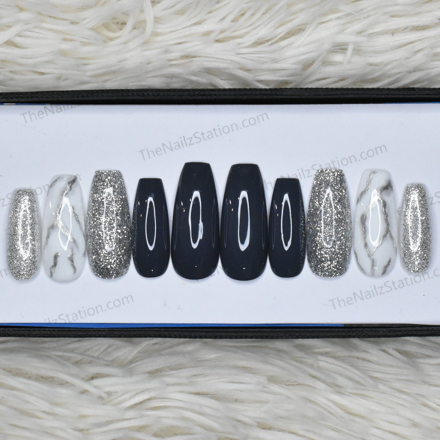 The NailzStation Glossy Black Glitter Marble Press on Fake Artificial Nails Set with glue, filer, sticker application kit // 1374