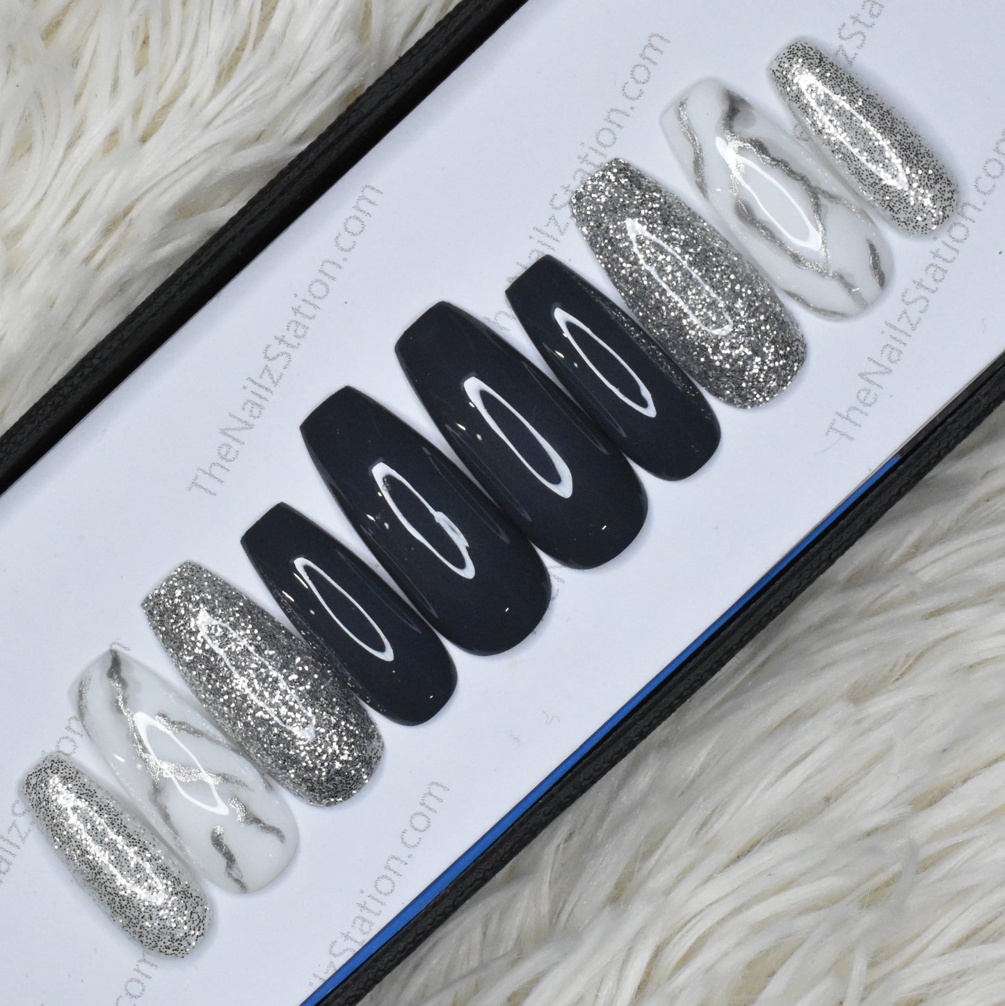 The NailzStation Glossy Black Glitter Marble Press on Fake Artificial Nails Set with glue, filer, sticker application kit // 1374