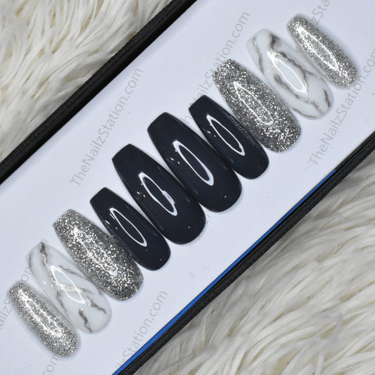 The NailzStation Glossy Black Glitter Marble Press on Fake Artificial Nails Set with glue, filer, sticker application kit // 1374