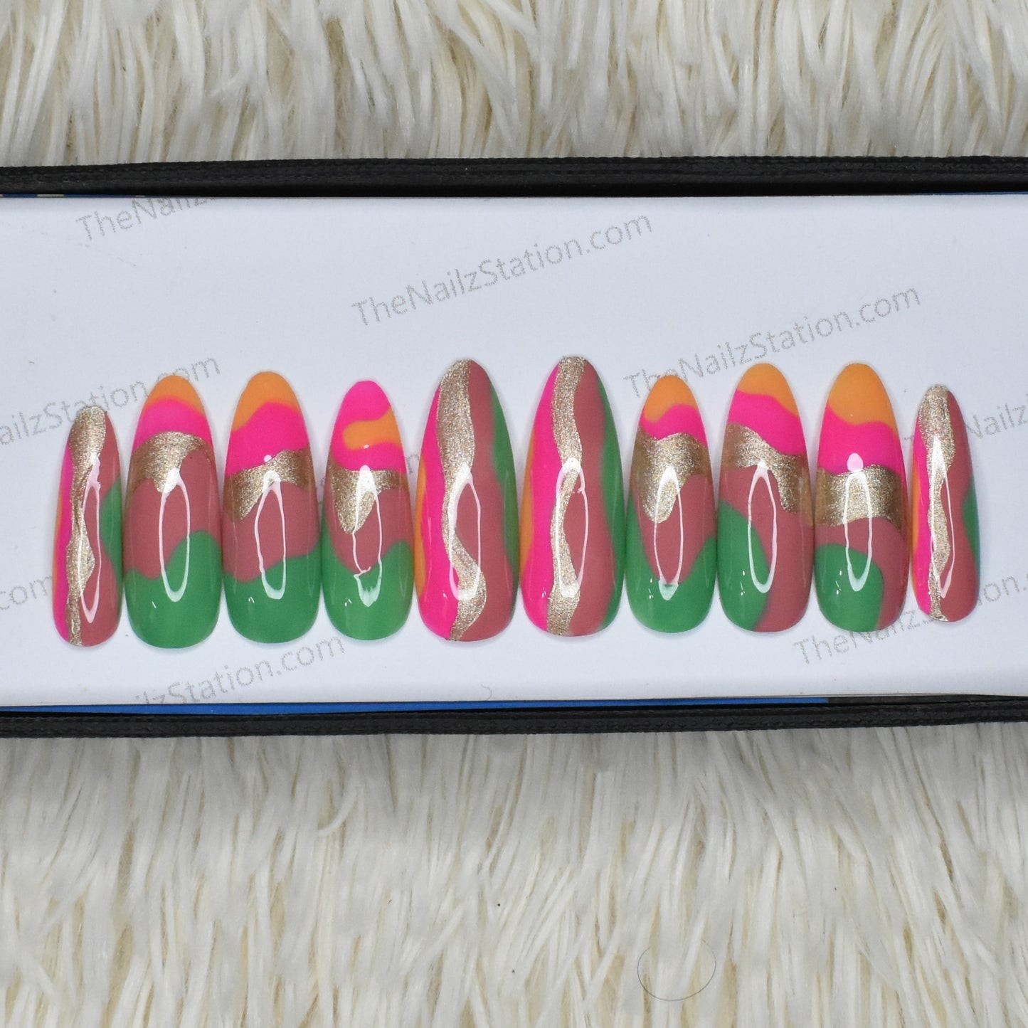 The NailzStation Glossy Green Pink Floral Press on Fake Artificial Nails Set with glue, filer, sticker application kit // 1376