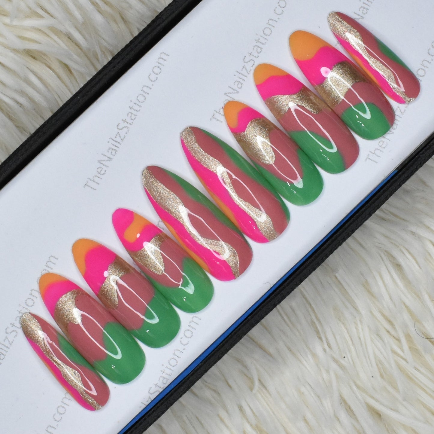 The NailzStation Glossy Green Pink Floral Press on Fake Artificial Nails Set with glue, filer, sticker application kit // 1376