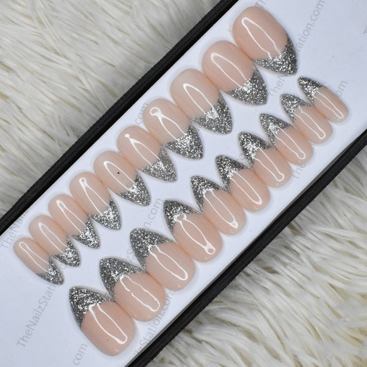 The NailzStation Glossy Nude Silver Glitter French Press on Fake Artificial Nails Set with glue, filer, sticker application kit // 1320
