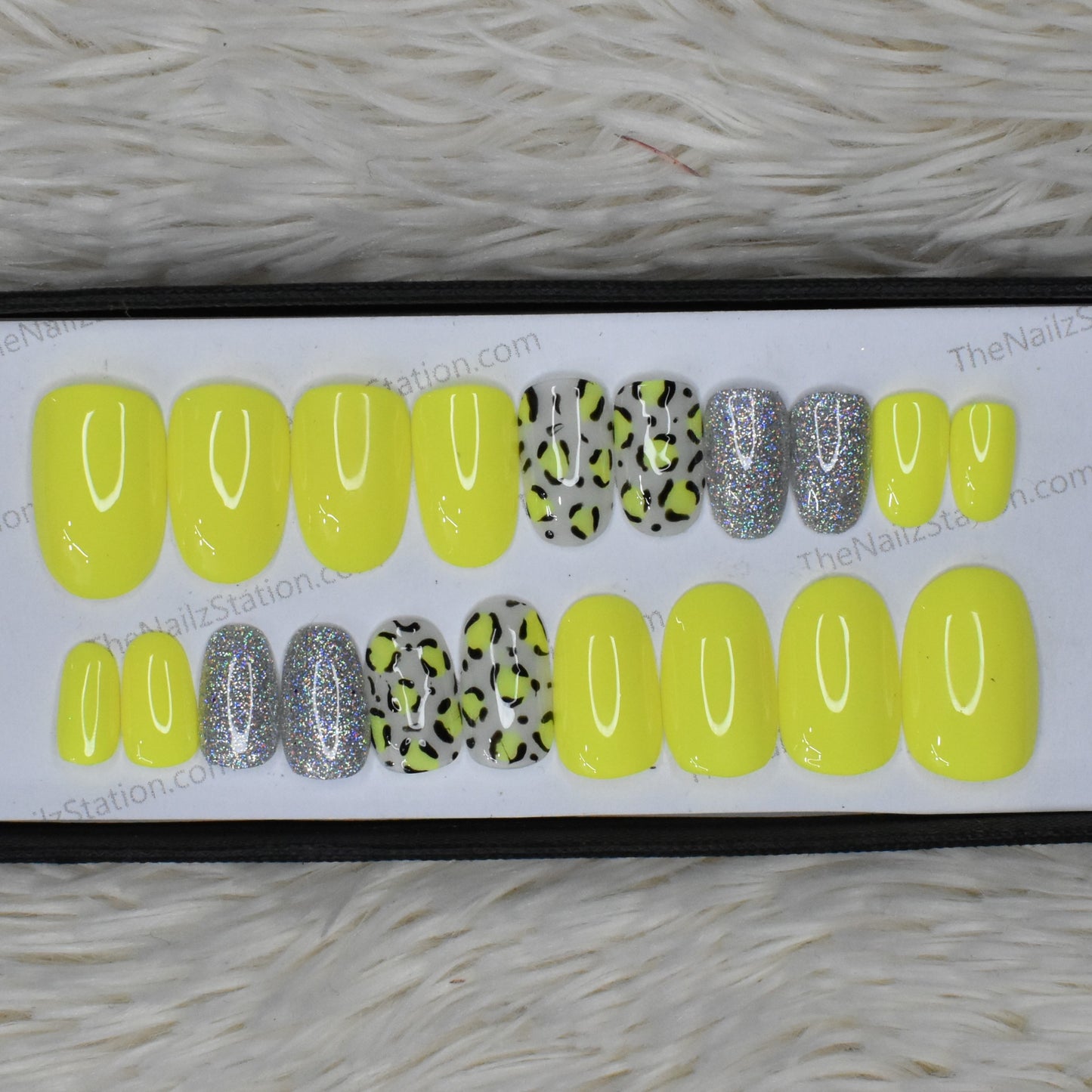 The NailzStation Glossy Yellow Glitter Studded Press on Fake Artificial Nails Set with glue, filer, sticker application kit // 1322