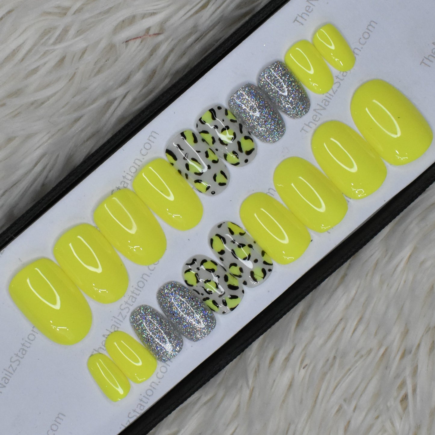 The NailzStation Glossy Yellow Glitter Studded Press on Fake Artificial Nails Set with glue, filer, sticker application kit // 1322