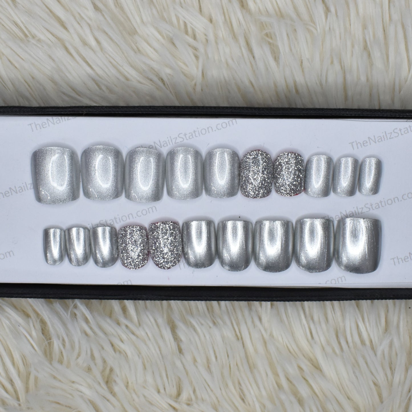 The NailzStation Glossy Silver Glitter Press on Fake Artificial Nails Set with glue, filer, sticker application kit // 1318