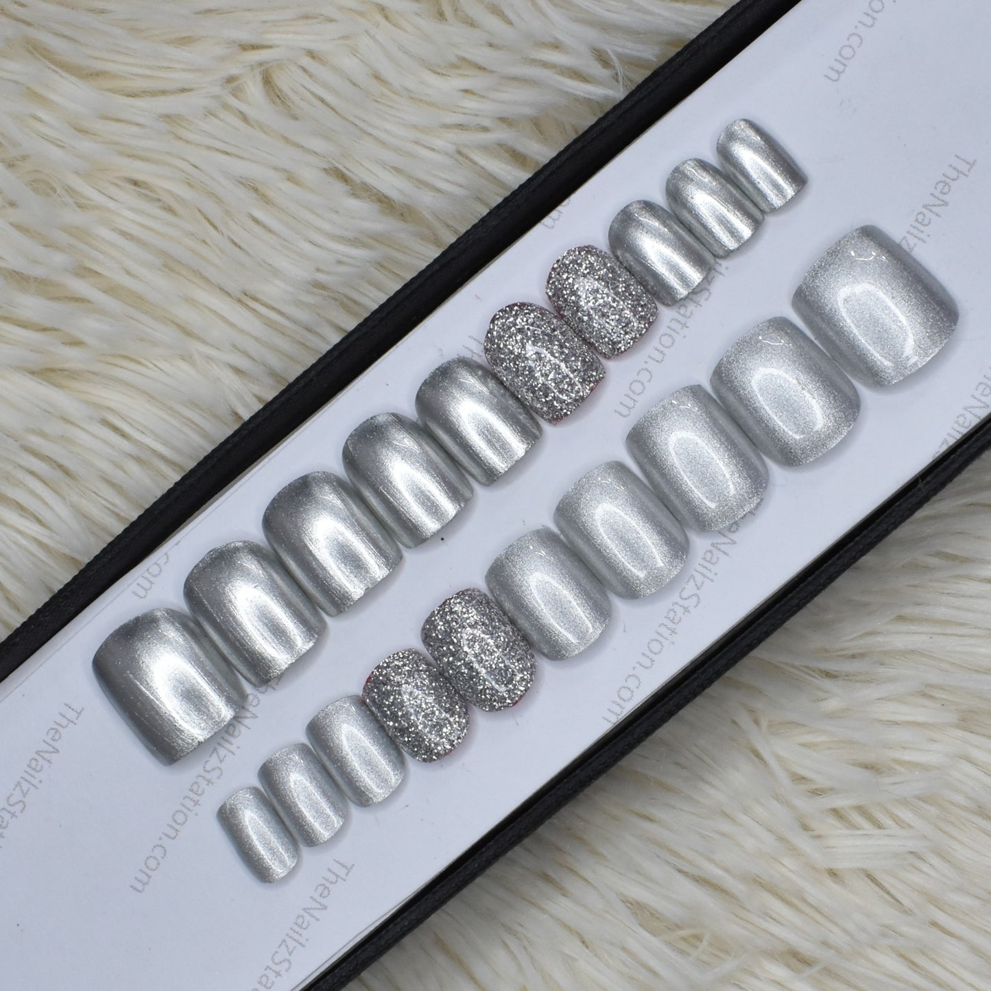 The NailzStation Glossy Silver Glitter Press on Fake Artificial Nails Set with glue, filer, sticker application kit // 1318