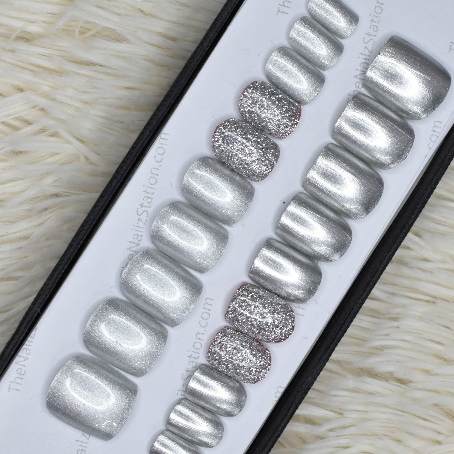 The NailzStation Glossy Silver Glitter Press on Fake Artificial Nails Set with glue, filer, sticker application kit // 1318