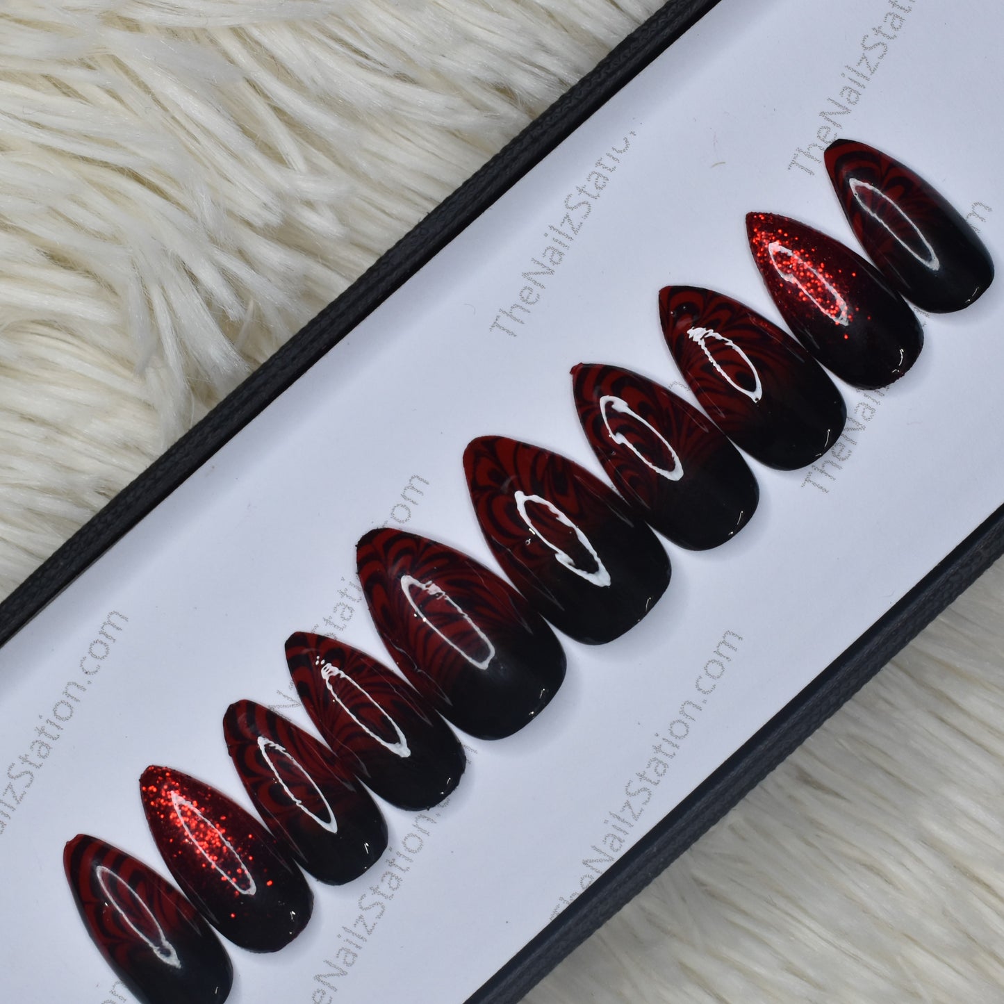 The NailzStation Glossy Maroon Glitter Ombre Press on Fake Artificial Nails Set with glue, filer, sticker application kit // 1324