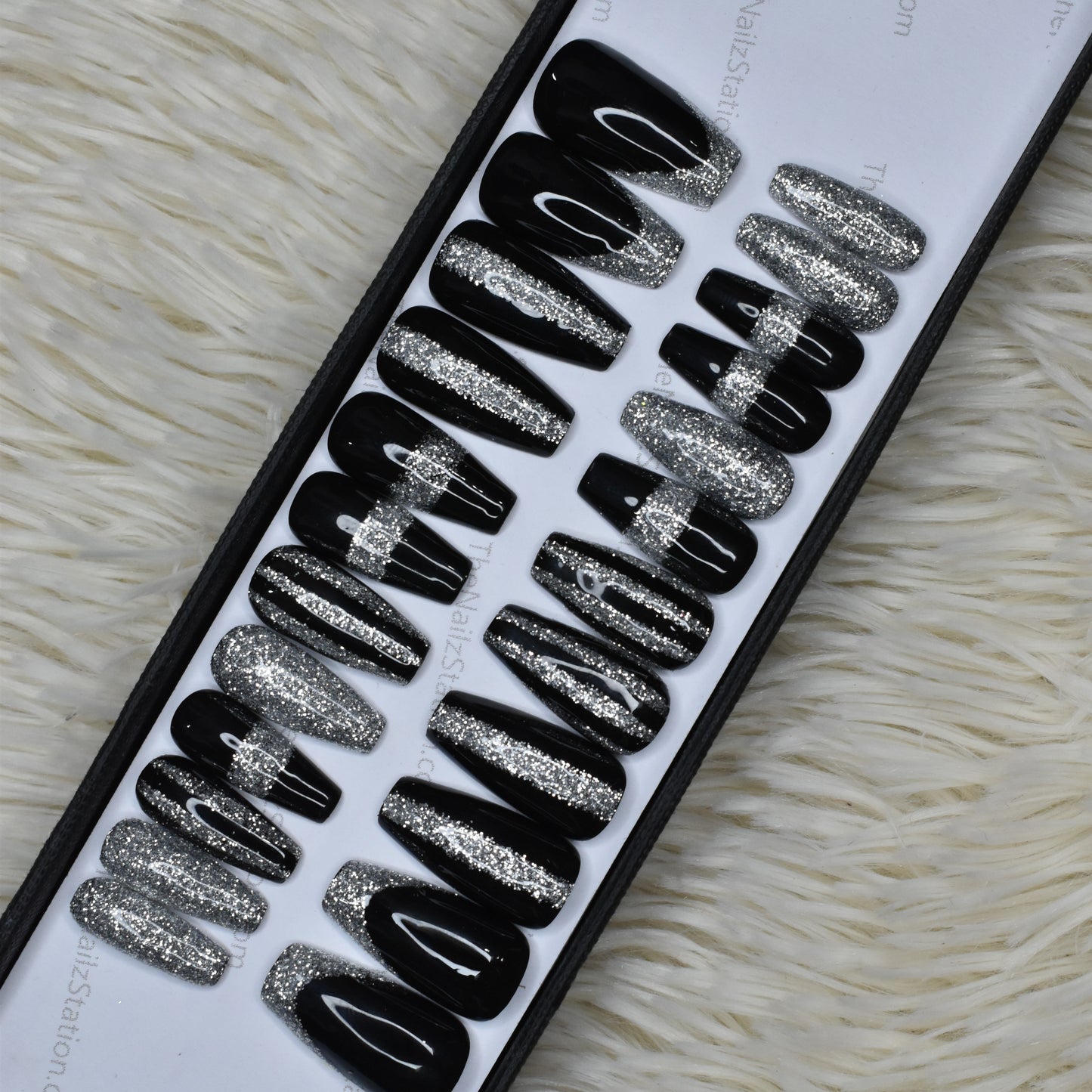 The NailzStation Glossy Black Geometric Press on Fake Artificial Nails Set with glue, filer, sticker application kit // 1377