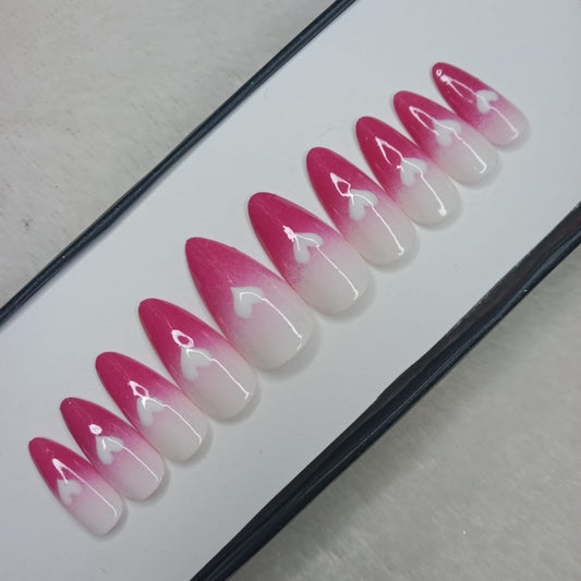 The NailzStation Glossy Pink and White Ombre Hearts Press on Fake Artificial Nails Set with glue, filer, sticker application kit // 1251