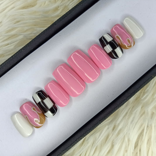 The NailzStation Glossy Light Pink Checks Press on Fake Artificial Nails Set with glue, filer, sticker application kit // 1336