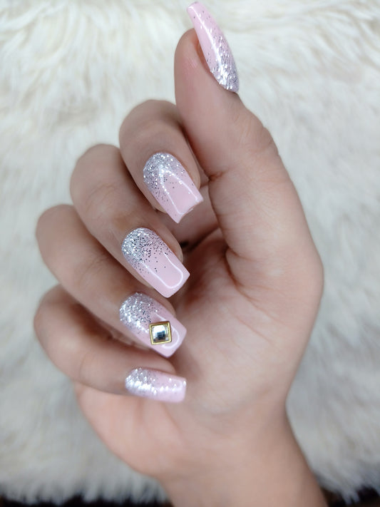 The NailzStation Glossy Light Pink Glitter Ombre 3D Press on Fake Artificial Nails Set with glue, filer, sticker application kit // 1332