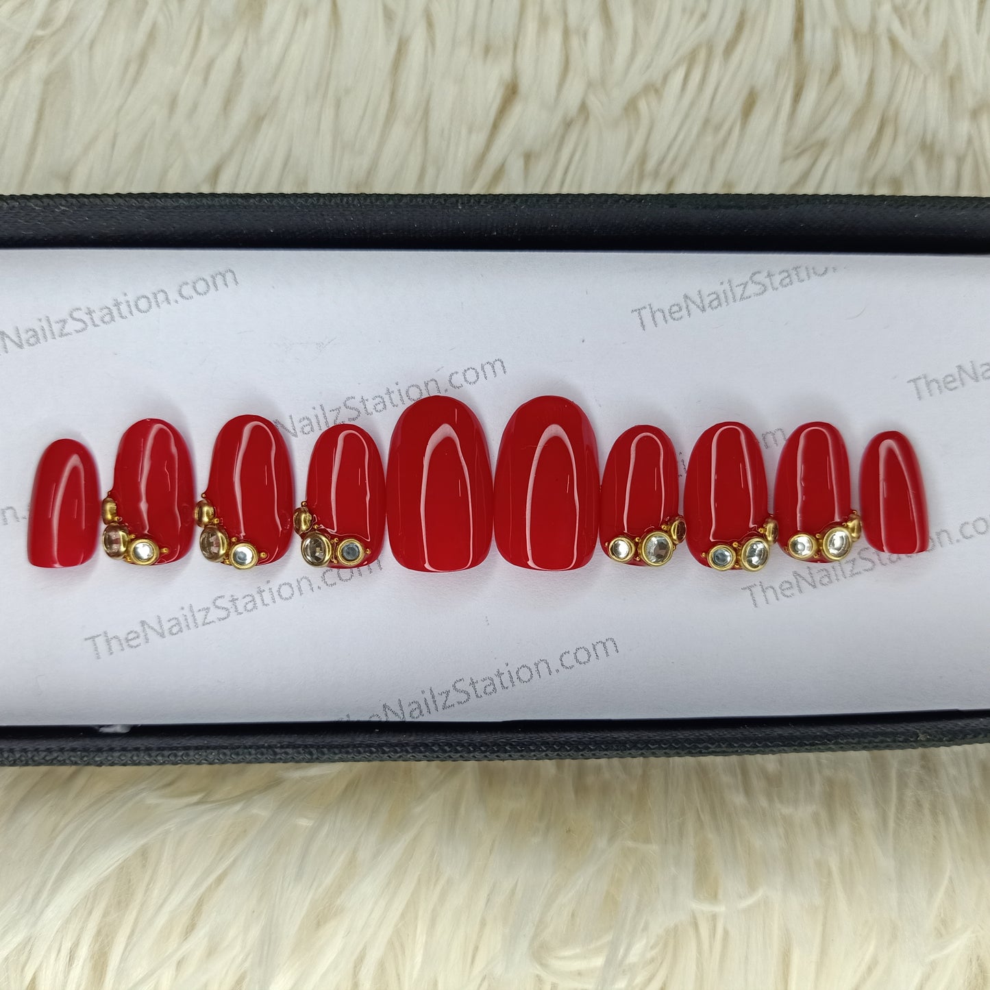 The NailzStation Glossy Red Stones 3D Press on Fake Artificial Nails Set with glue, filer, sticker application kit // 1370