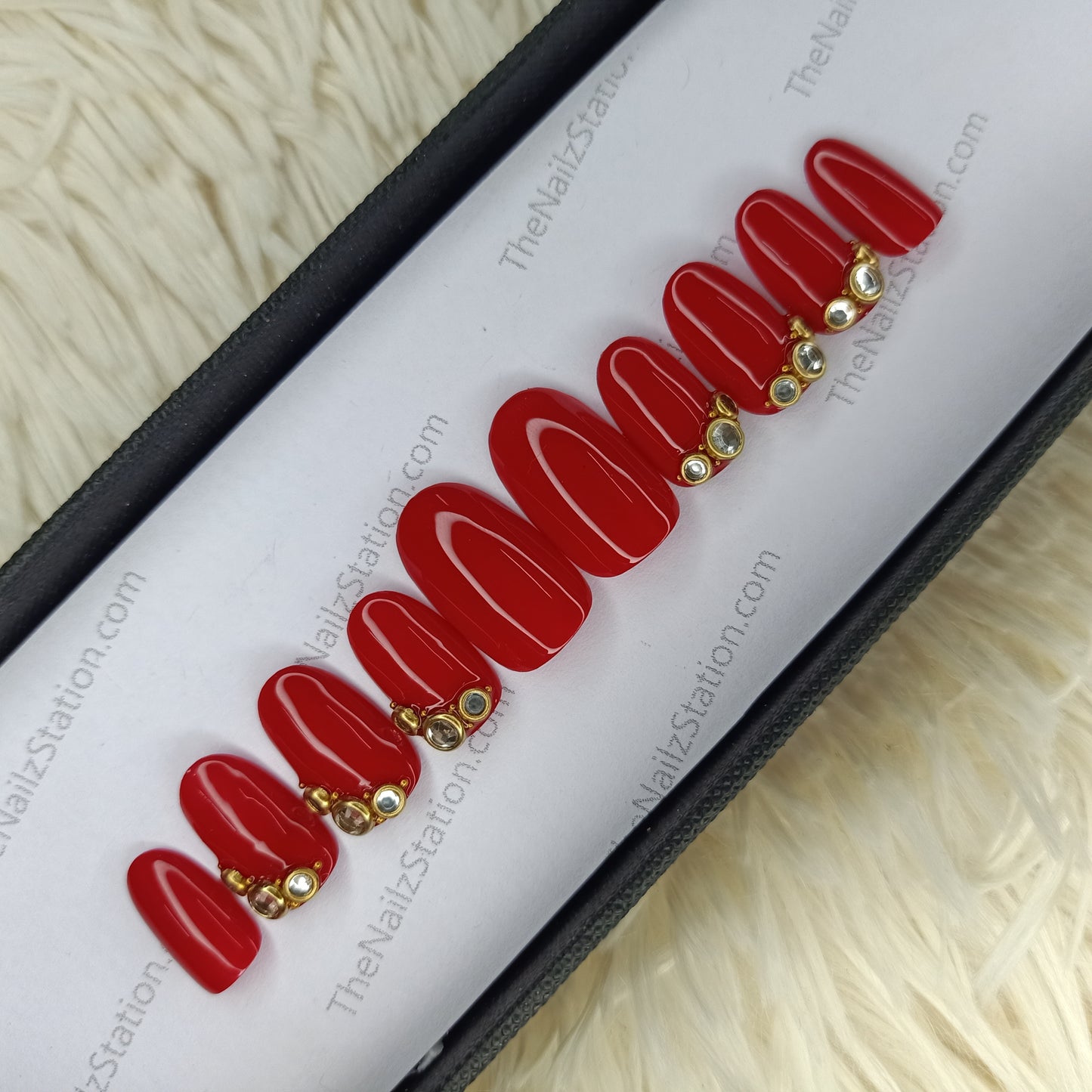 The NailzStation Glossy Red Stones 3D Press on Fake Artificial Nails Set with glue, filer, sticker application kit // 1370