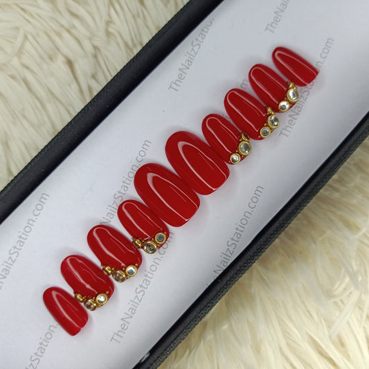 The NailzStation Glossy Red Stones 3D Press on Fake Artificial Nails Set with glue, filer, sticker application kit // 1370