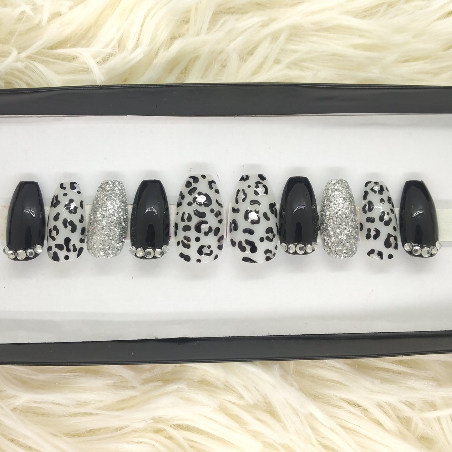 The NailzStation Glossy Black Animal Print Press on Fake Artificial Nails Set with glue, filer, sticker application kit // 1319