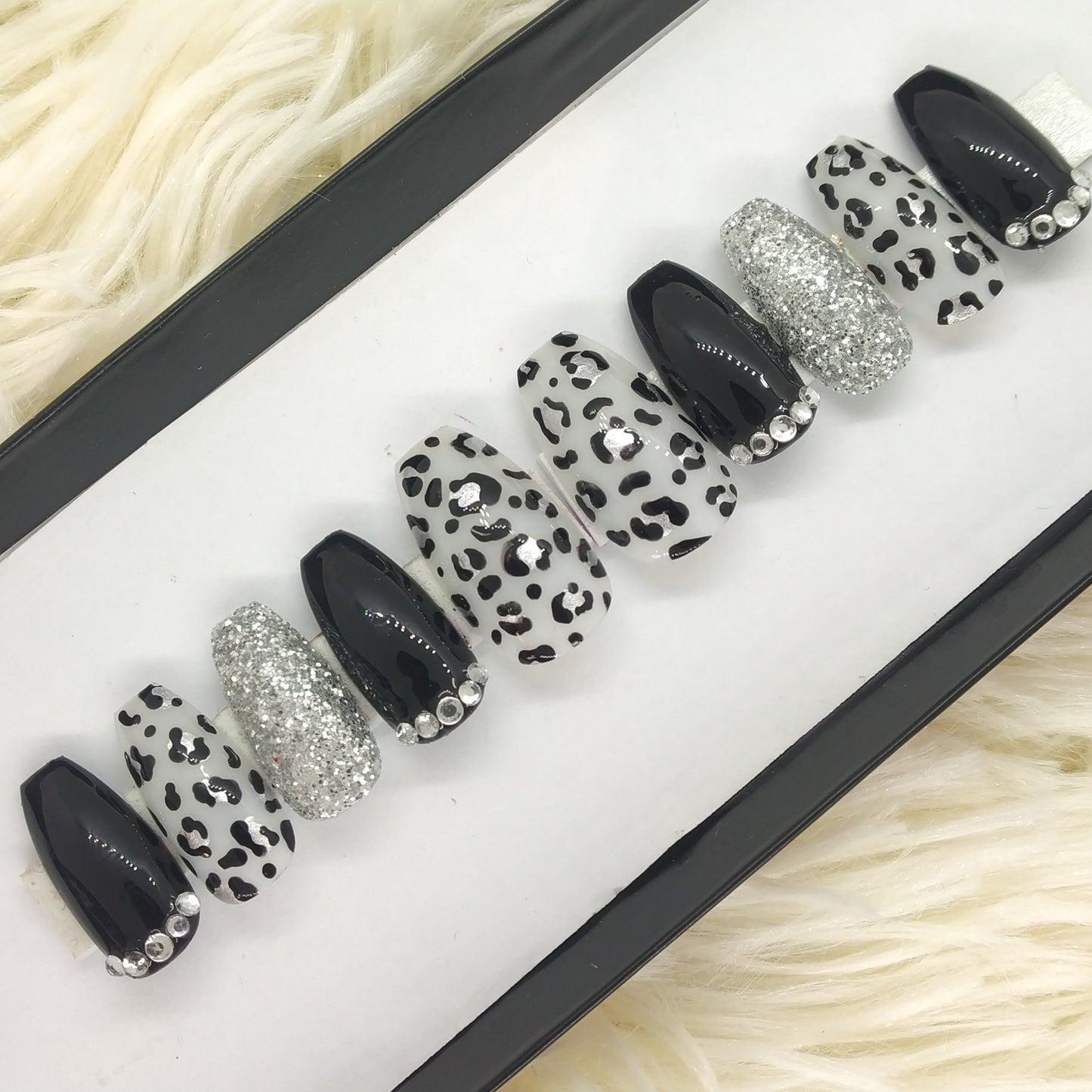 The NailzStation Glossy Black Animal Print Press on Fake Artificial Nails Set with glue, filer, sticker application kit // 1319