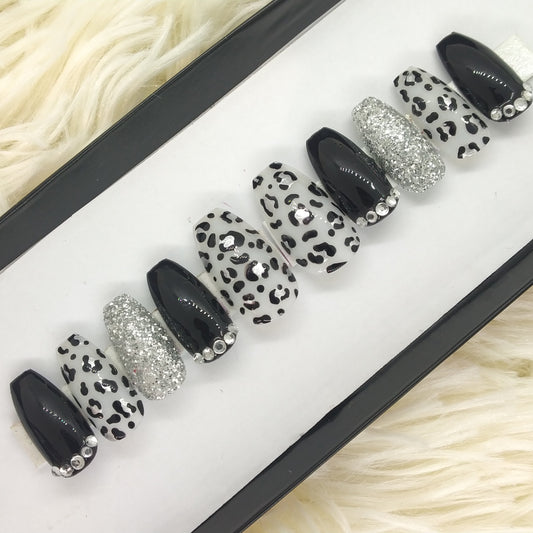 The NailzStation Glossy Black Animal Print Press on Fake Artificial Nails Set with glue, filer, sticker application kit // 1319