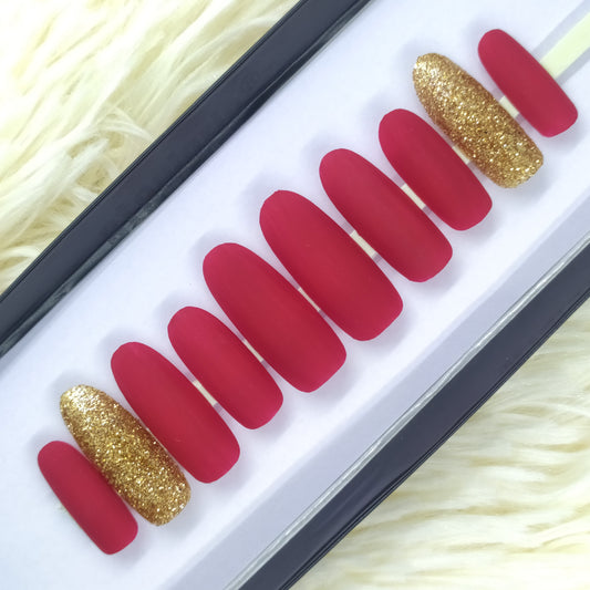 The NailzStation Matte Maroon Glitter Press on Fake Artificial Nails Set with glue, filer, sticker application kit // 1372