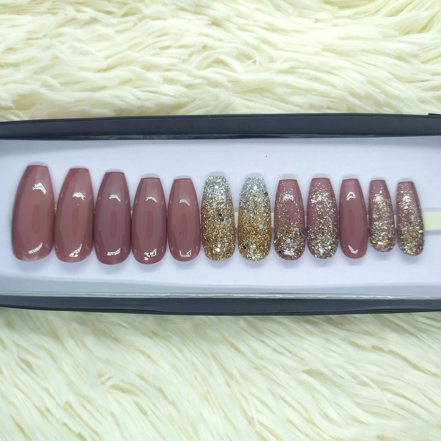 The NailzStation Glossy Mauve Glitter Ombre Press on Fake Artificial Nails Set with glue, filer, sticker application kit // 1359