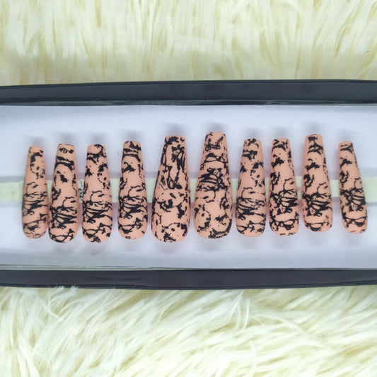 The NailzStation Glossy Nude Marble Press on Fake Artificial Nails Set with glue, filer, sticker application kit // 1338