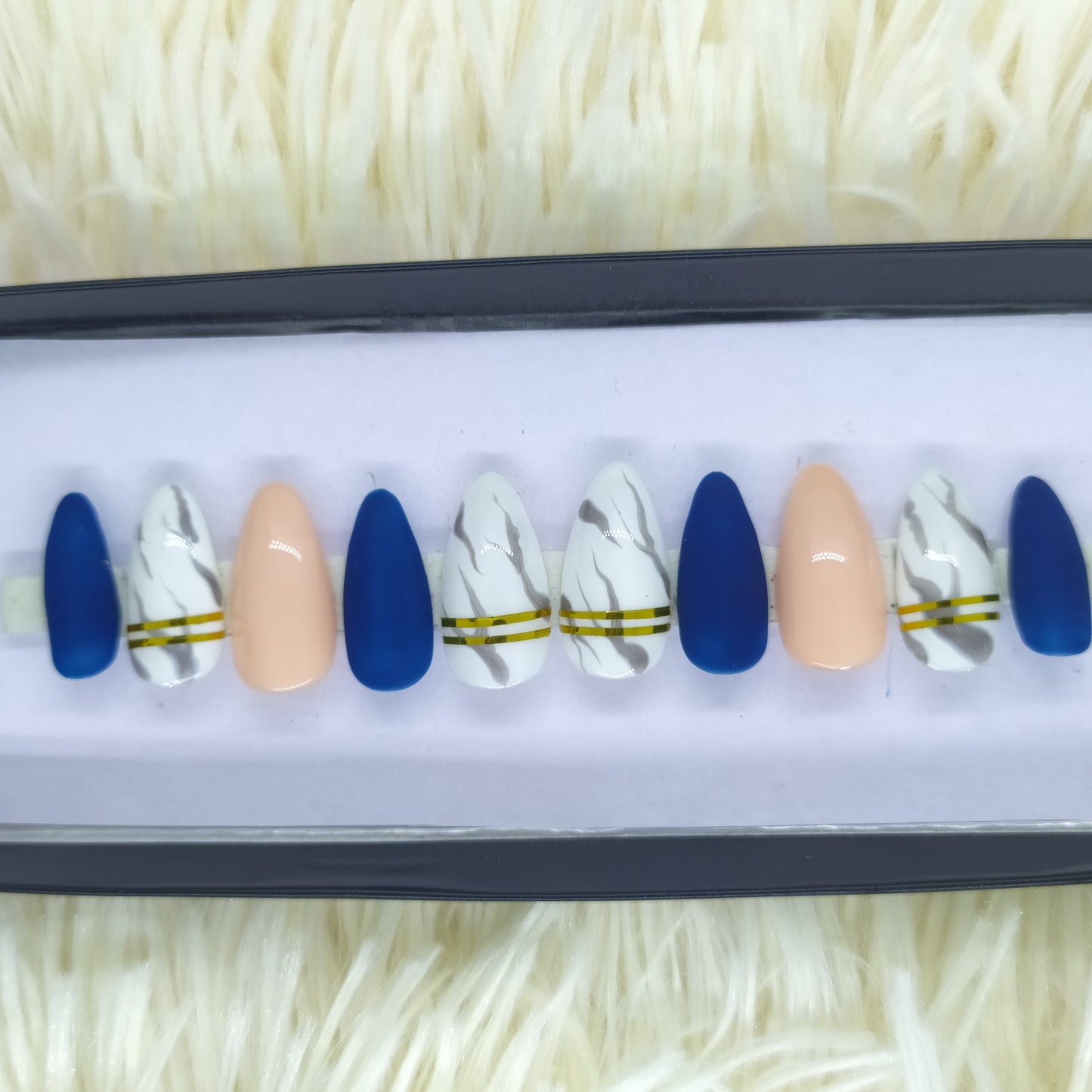 The NailzStation Matte Blue Marble Press on Fake Artificial Nails Set with glue, filer, sticker application kit // 1331