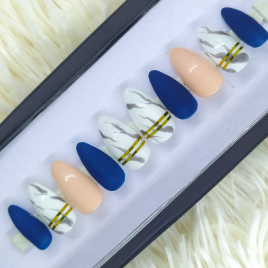 The NailzStation Matte Blue Marble Press on Fake Artificial Nails Set with glue, filer, sticker application kit // 1331
