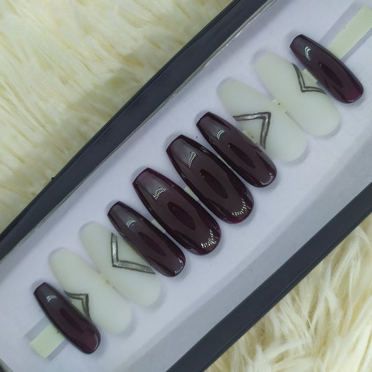 The NailzStation Glossy Dark Maroon Abstract Press on Fake Artificial Nails Set with glue, filer, sticker application kit // 1361