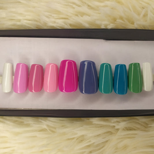 The NailzStation Glossy Pink and Blue Colorful Press on Fake Artificial Nails Set with glue, filer, sticker application kit // 1345