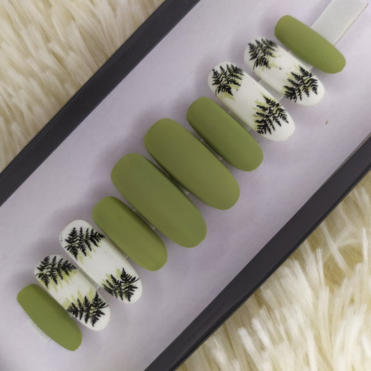 The NailzStation Matte Green Leaves Press on Fake Artificial Nails Set with glue, filer, sticker application kit // 1339