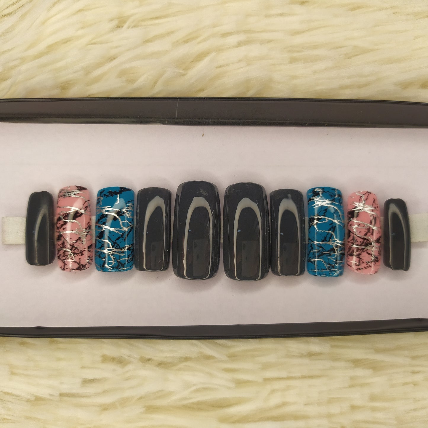 The NailzStation Glossy Grey Marble Press on Fake Artificial Nails Set with glue, filer, sticker application kit // 1344