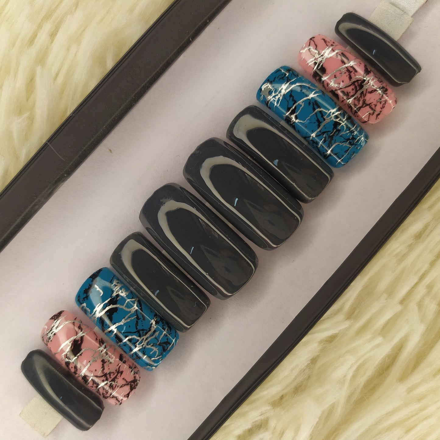 The NailzStation Glossy Grey Marble Press on Fake Artificial Nails Set with glue, filer, sticker application kit // 1344