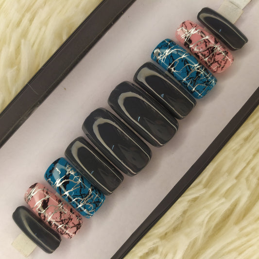 The NailzStation Glossy Grey Marble Press on Fake Artificial Nails Set with glue, filer, sticker application kit // 1344