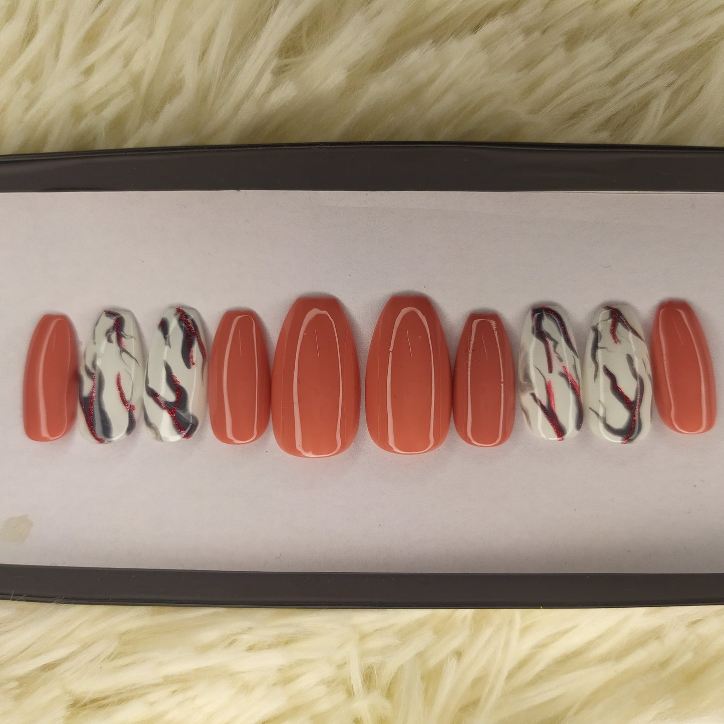 The NailzStation Glossy Peach Marble Press on Fake Artificial Nails Set with glue, filer, sticker application kit // 1334